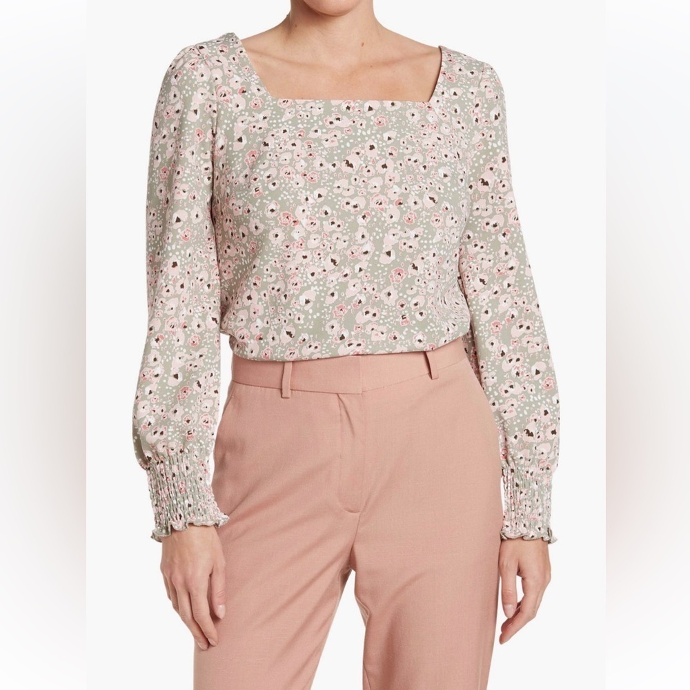 SQUARE NECK LONG SLEEVE FLORAL PRINT TOP IN TAUPE BLUSH